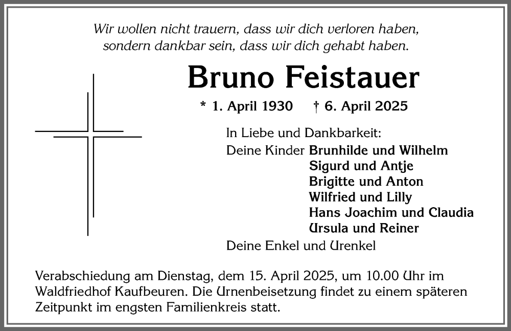 Traueranzeige von Bruno Feistauer von Allgäuer Zeitung, Kaufbeuren/Buchloe