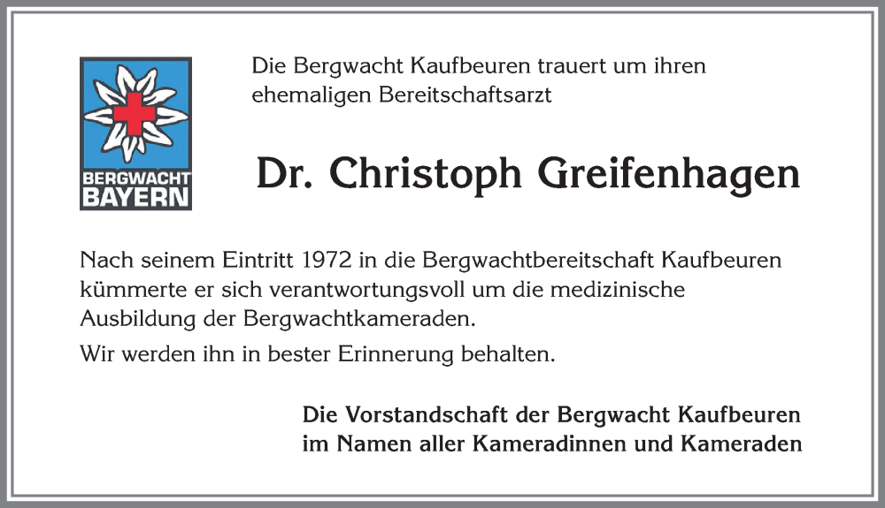 Traueranzeige von Christoph Greifenhagen von Allgäuer Zeitung, Kaufbeuren/Buchloe