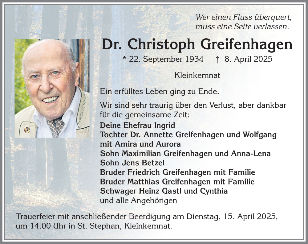 Traueranzeige von Christoph Greifenhagen von Allgäuer Zeitung, Kaufbeuren/Buchloe