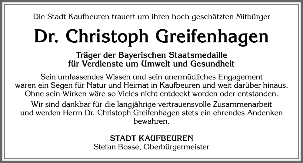 Traueranzeige von Christoph Greifenhagen von Allgäuer Zeitung, Kaufbeuren/Buchloe