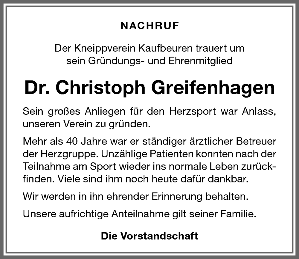 Traueranzeige von Christoph Greifenhagen von Allgäuer Zeitung, Kaufbeuren/Buchloe