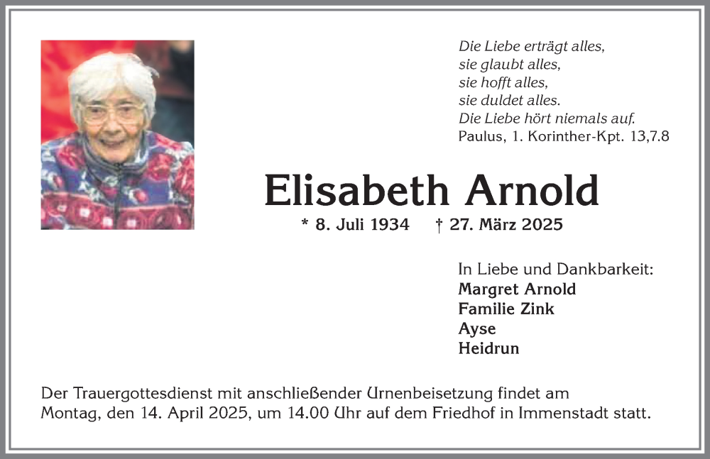 Traueranzeige von Elisabeth Arnold von Allgäuer Anzeigeblatt