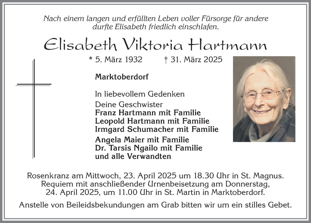 Traueranzeige von Elisabeth Viktoria Hartmann von Günzburger Zeitung, Augsburger Allgemeine