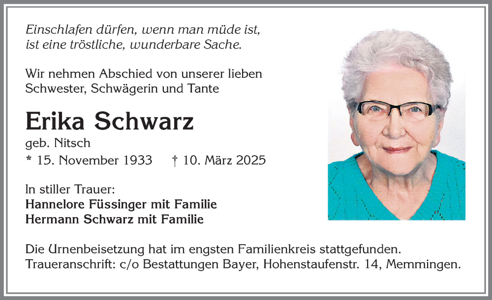 Traueranzeige von Erika Schwarz von Memminger Zeitung