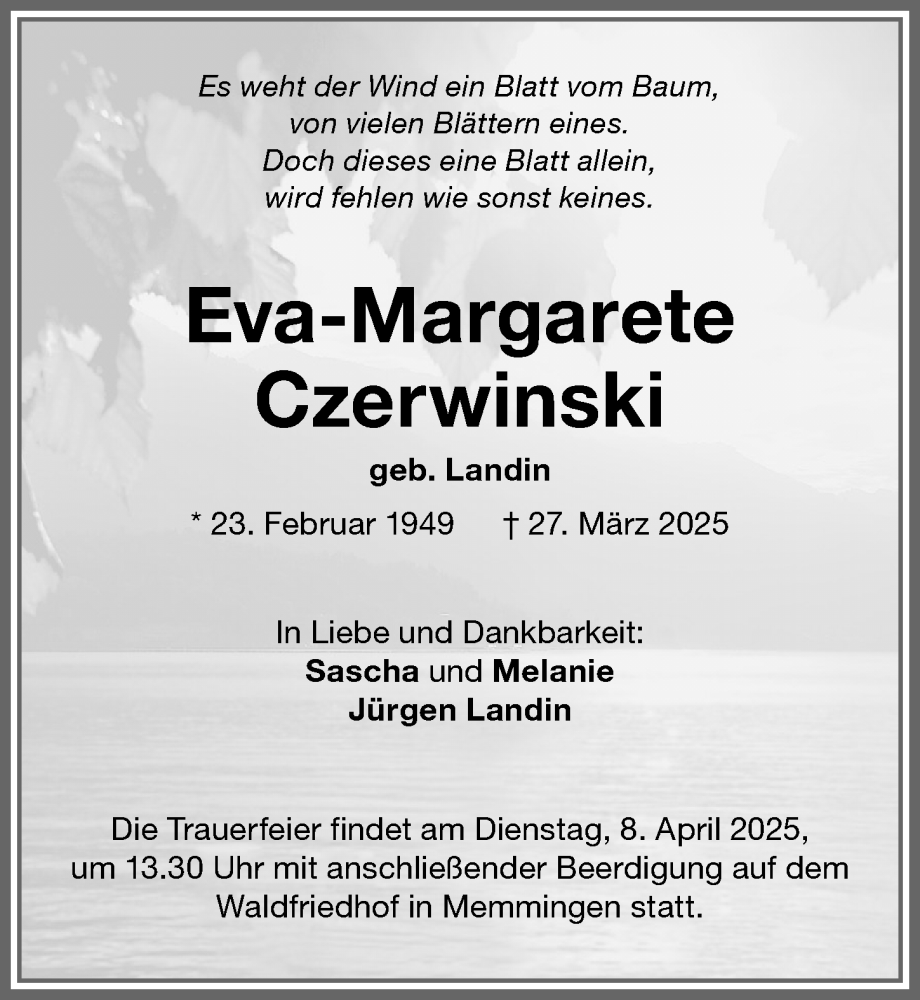 Traueranzeige von Eva-Margarete Czerwinski von Memminger Zeitung