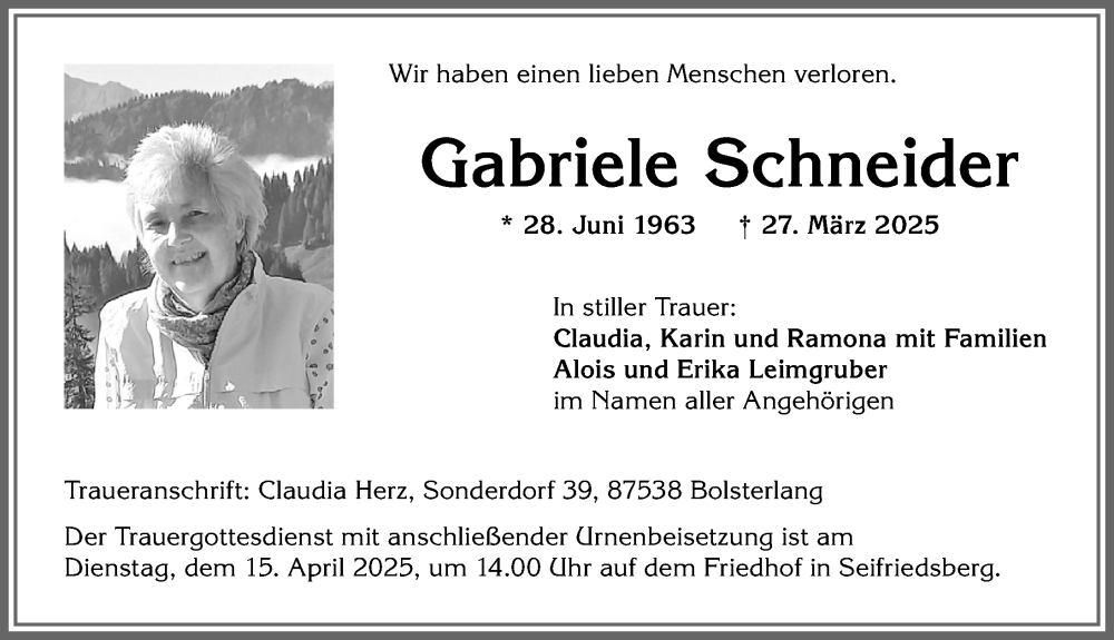Traueranzeige von Gabriele Schneider von Allgäuer Anzeigeblatt