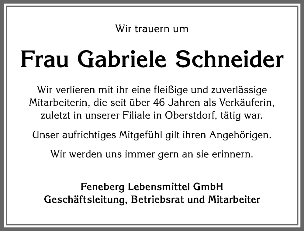 Traueranzeige von Gabriele Schneider von Allgäuer Anzeigeblatt