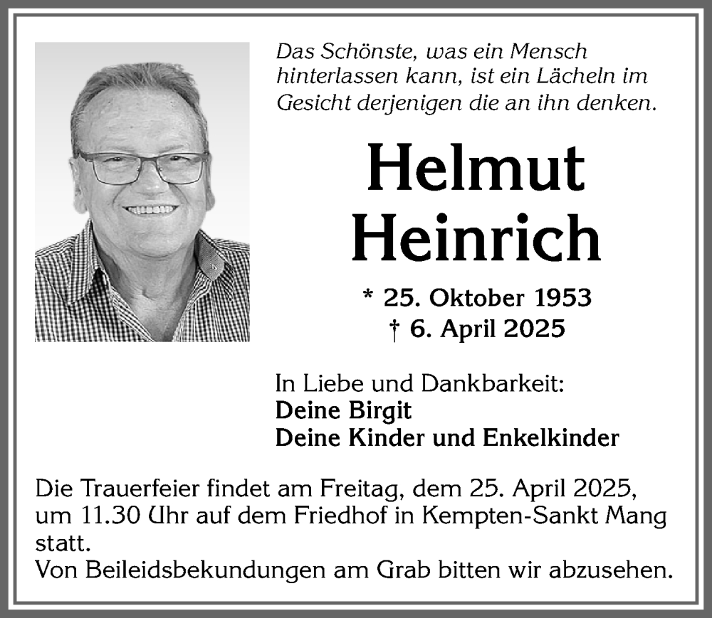 Traueranzeige von Helmut Heinrich von Allgäuer Zeitung,Kempten