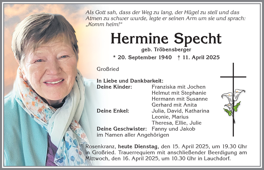 Traueranzeige von Hermine Specht von Mindelheimer Zeitung, Augsburger Allgemeine
