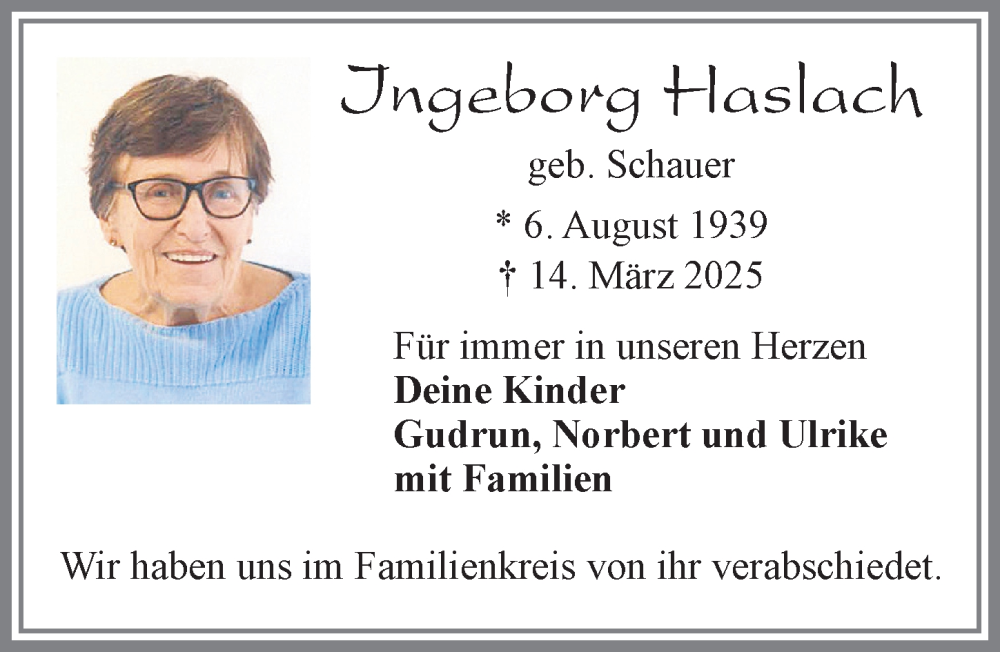 Traueranzeige von Ingeborg Haslach von Allgäuer Zeitung, Füssen