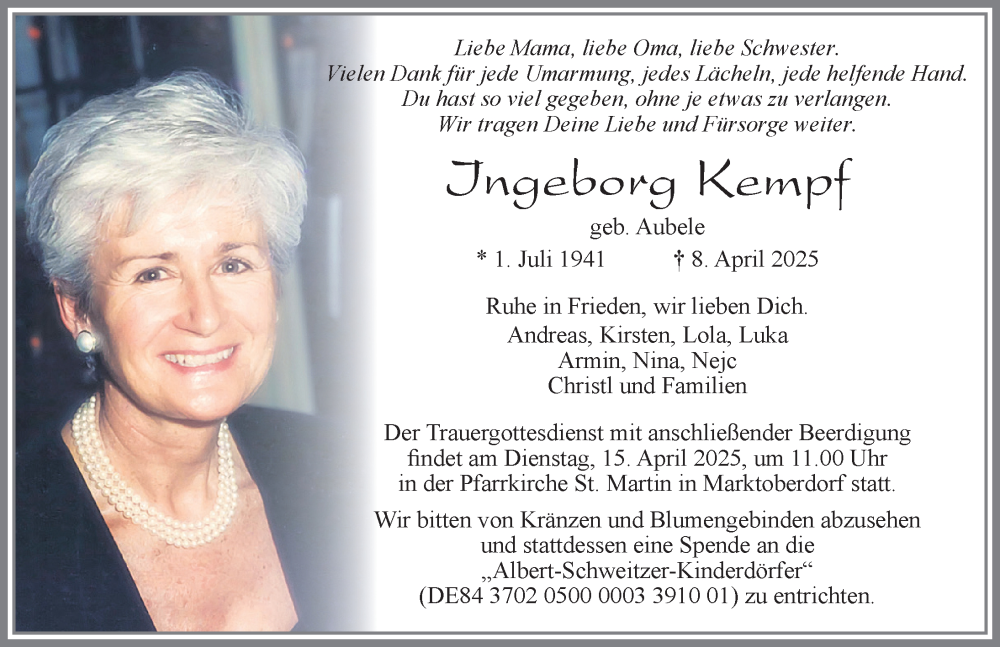 Traueranzeige von Ingeborg Kempf von Allgäuer Zeitung, Marktoberdorf
