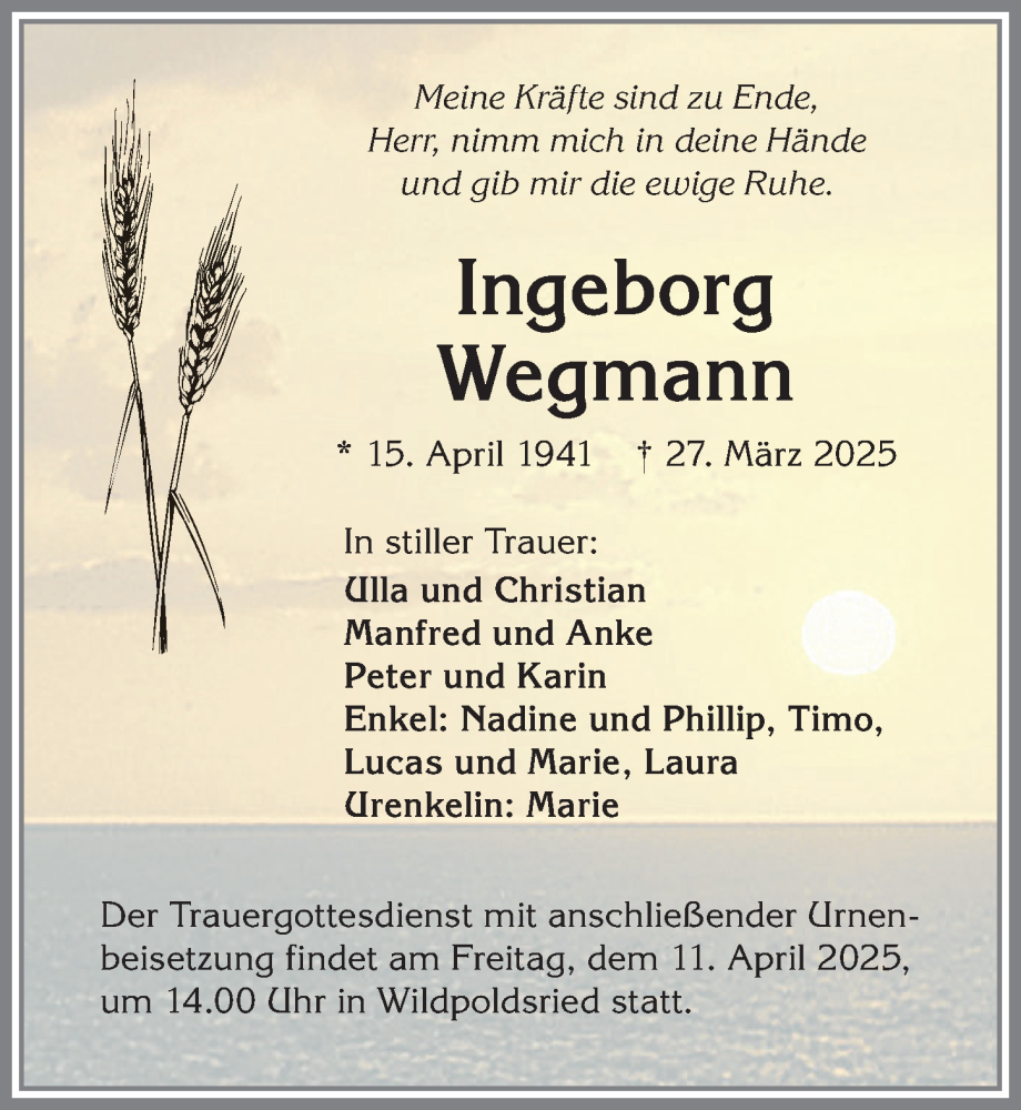 Traueranzeige von Ingeborg Wegmann von Allgäuer Zeitung,Kempten