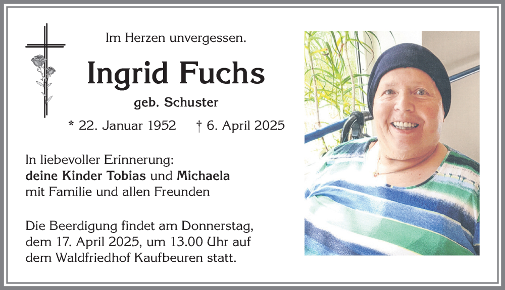 Traueranzeige von Ingrid Fuchs von Allgäuer Zeitung, Kaufbeuren/Buchloe