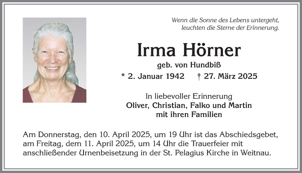 Traueranzeige von Irma Hörner von Allgäuer Zeitung,Kempten