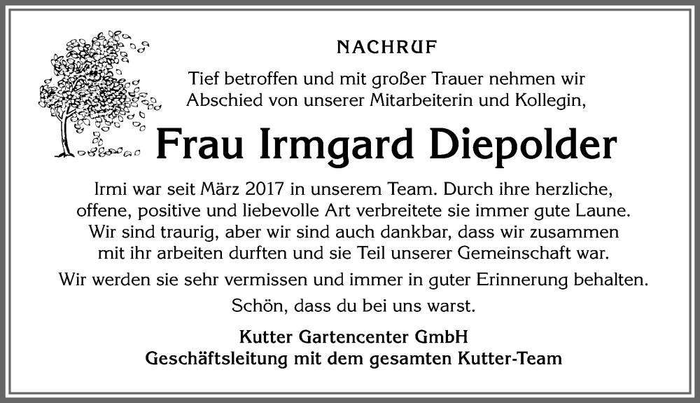 Traueranzeige von Irmgard Diepolder von Allgäuer Anzeigeblatt