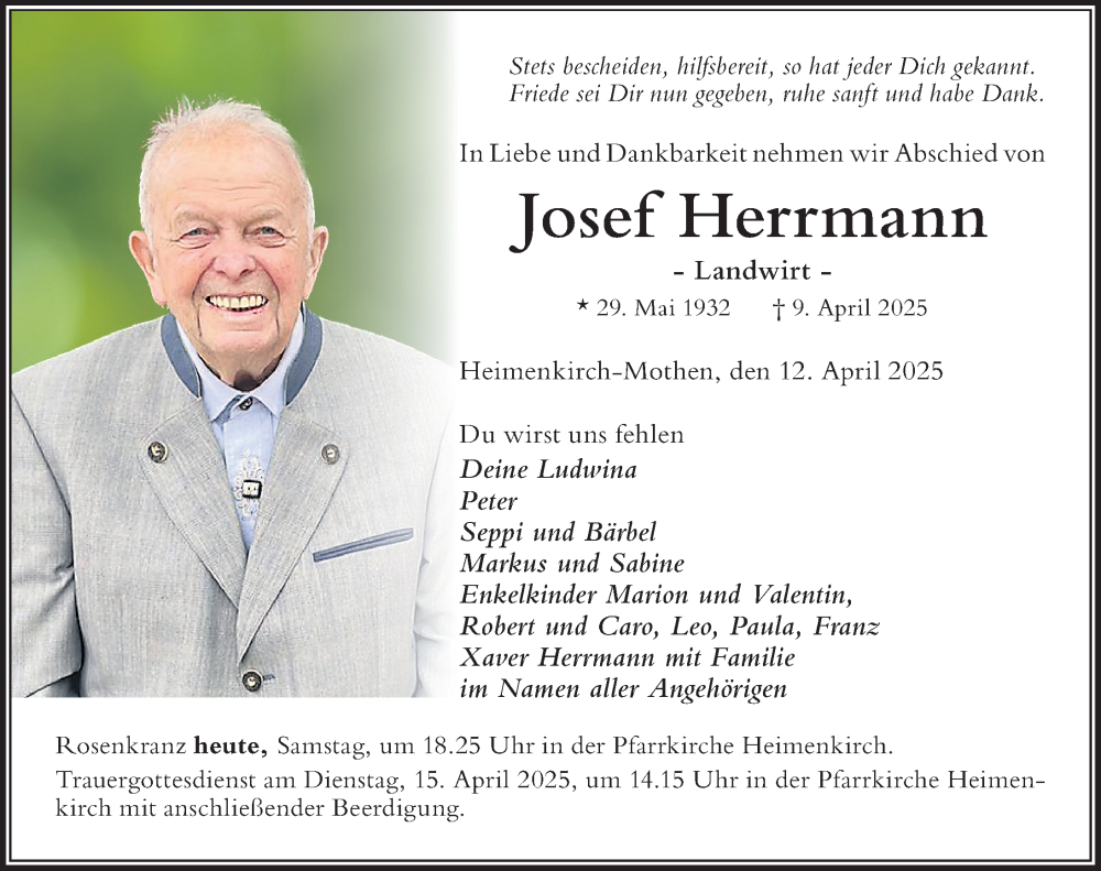 Traueranzeige von Josef Herrmann von Der Westallgäuer
