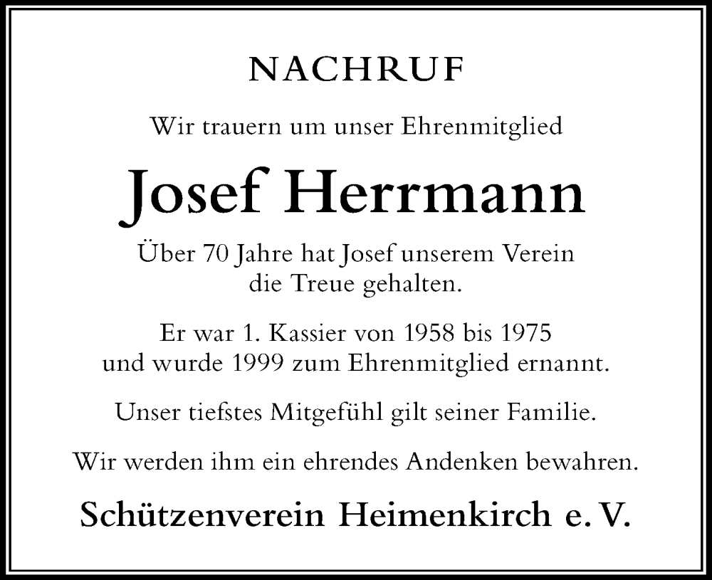 Traueranzeige von Josef Herrmann von Der Westallgäuer
