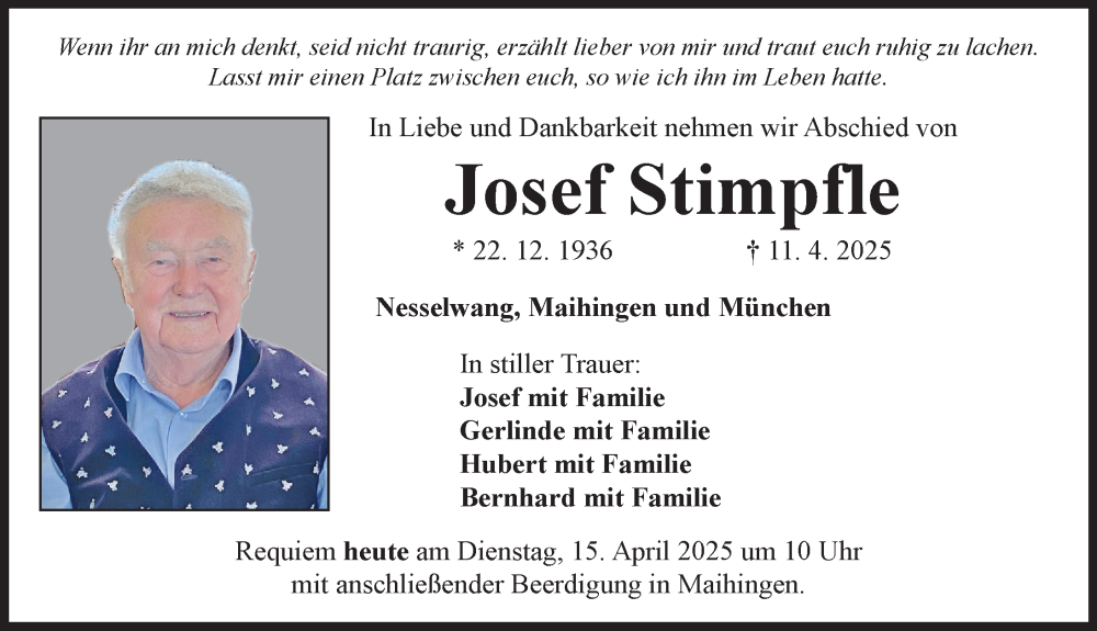 Traueranzeige von Josef Stimpfle von Augsburger Allgemeine, Rieser Nachrichten