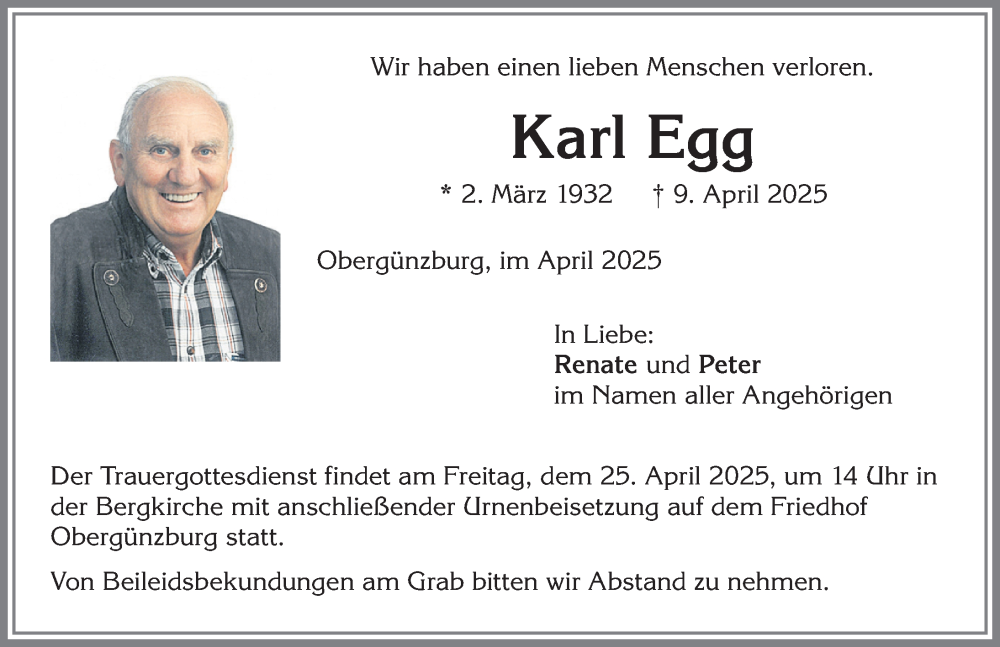 Traueranzeige von Karl Egg von Allgäuer Zeitung, Marktoberdorf