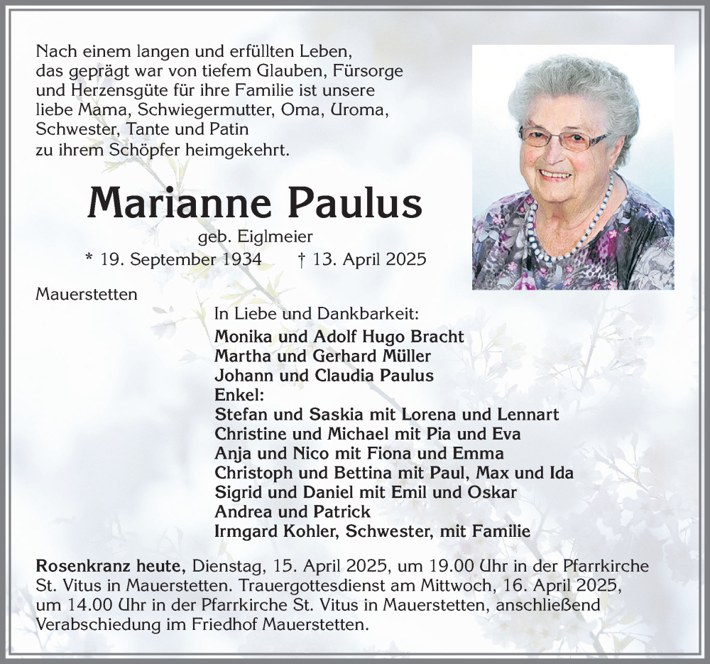 Traueranzeige von Marianne Paulus von Allgäuer Zeitung, Kaufbeuren/Buchloe