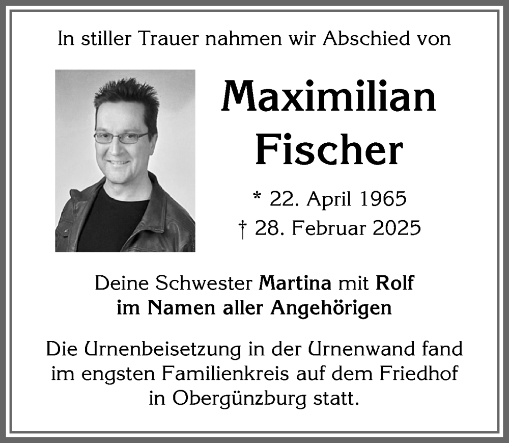Traueranzeige von Maximilian Fischer von Memminger Zeitung