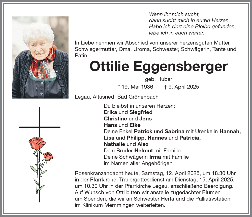 Traueranzeige von Ottilie Eggensberger von Allgäuer Zeitung,Kempten