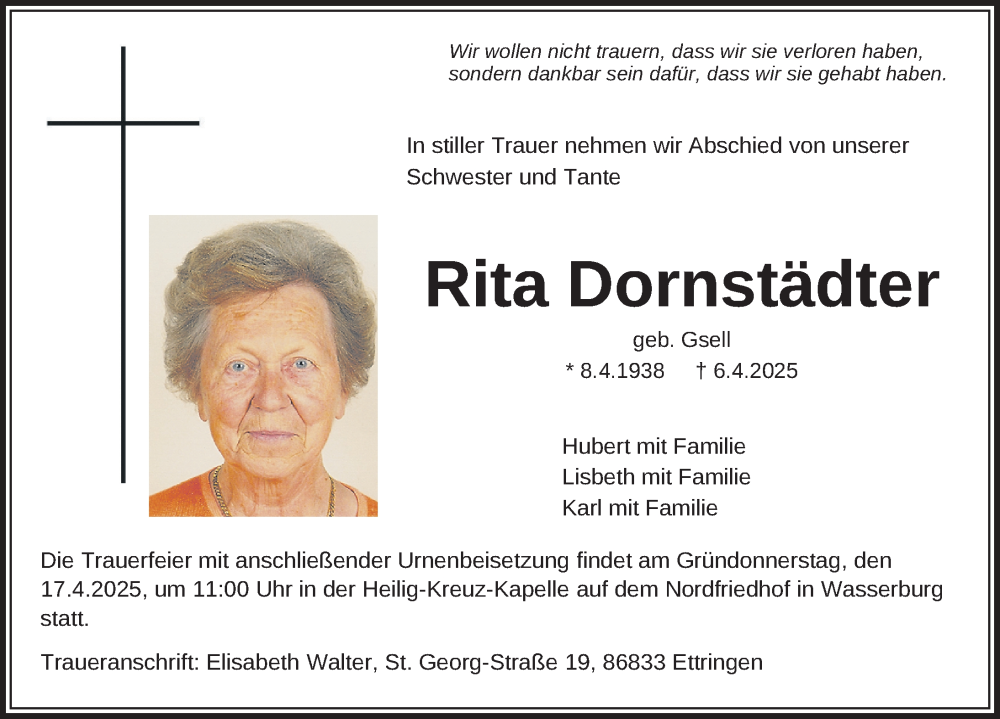 Traueranzeige von Rita Dornstädter von Der Westallgäuer