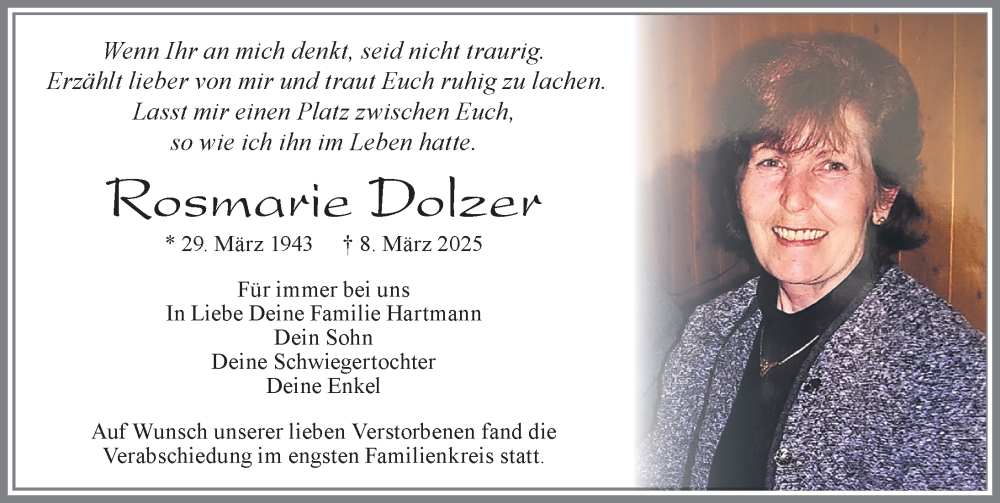 Traueranzeige von Rosmarie Dolzer von Allgäuer Zeitung, Marktoberdorf