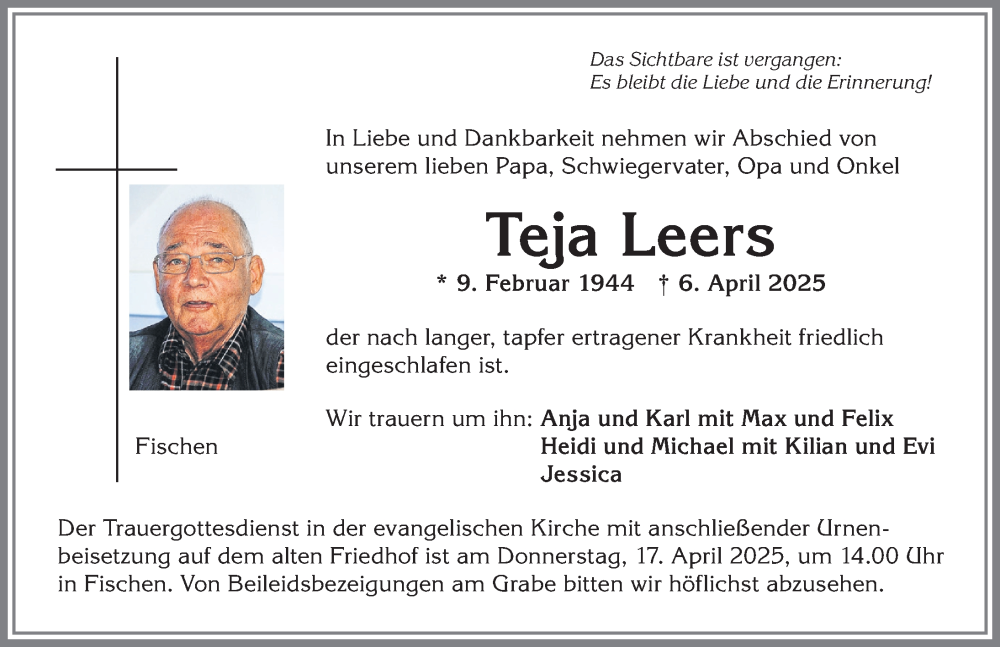 Traueranzeige von Teja Leers von Allgäuer Anzeigeblatt