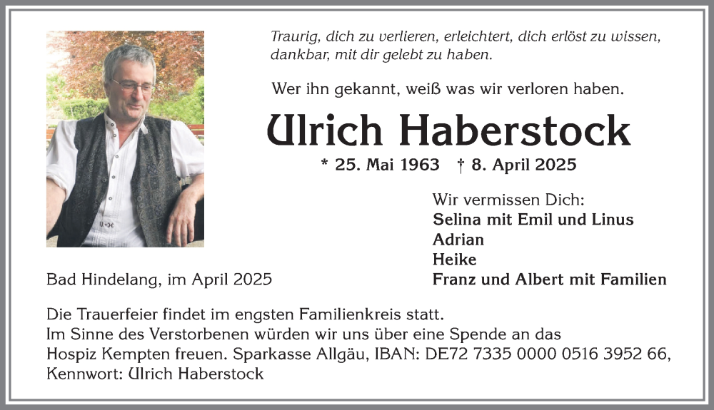 Traueranzeige von Ulrich Haberstock von Allgäuer Anzeigeblatt