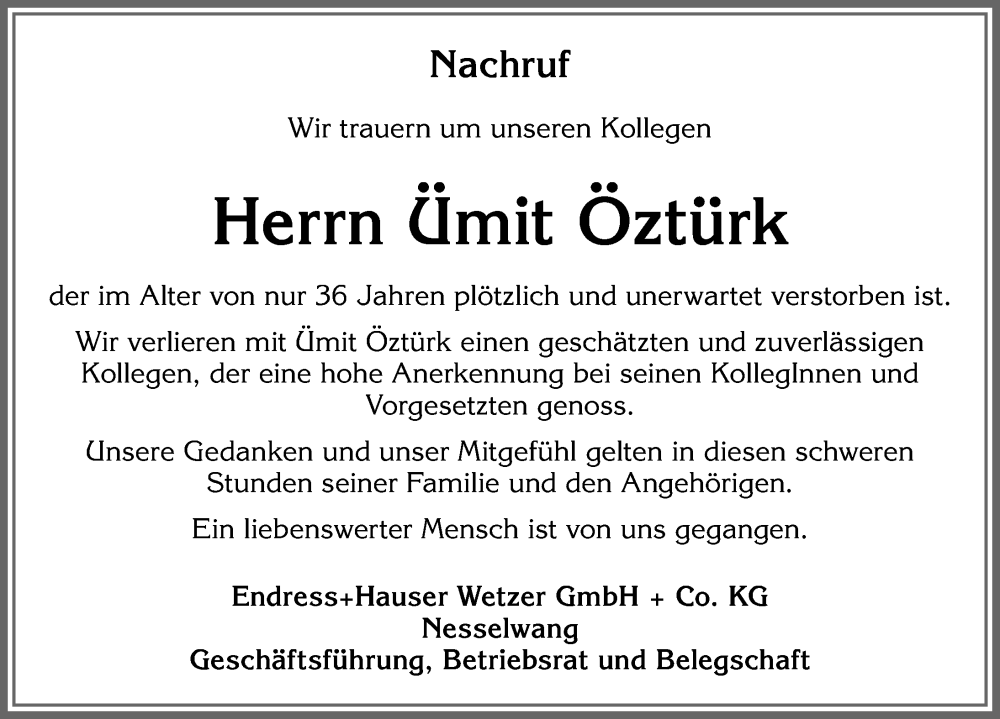 Traueranzeige von Ümit Oztürk von Allgäuer Zeitung,Kempten
