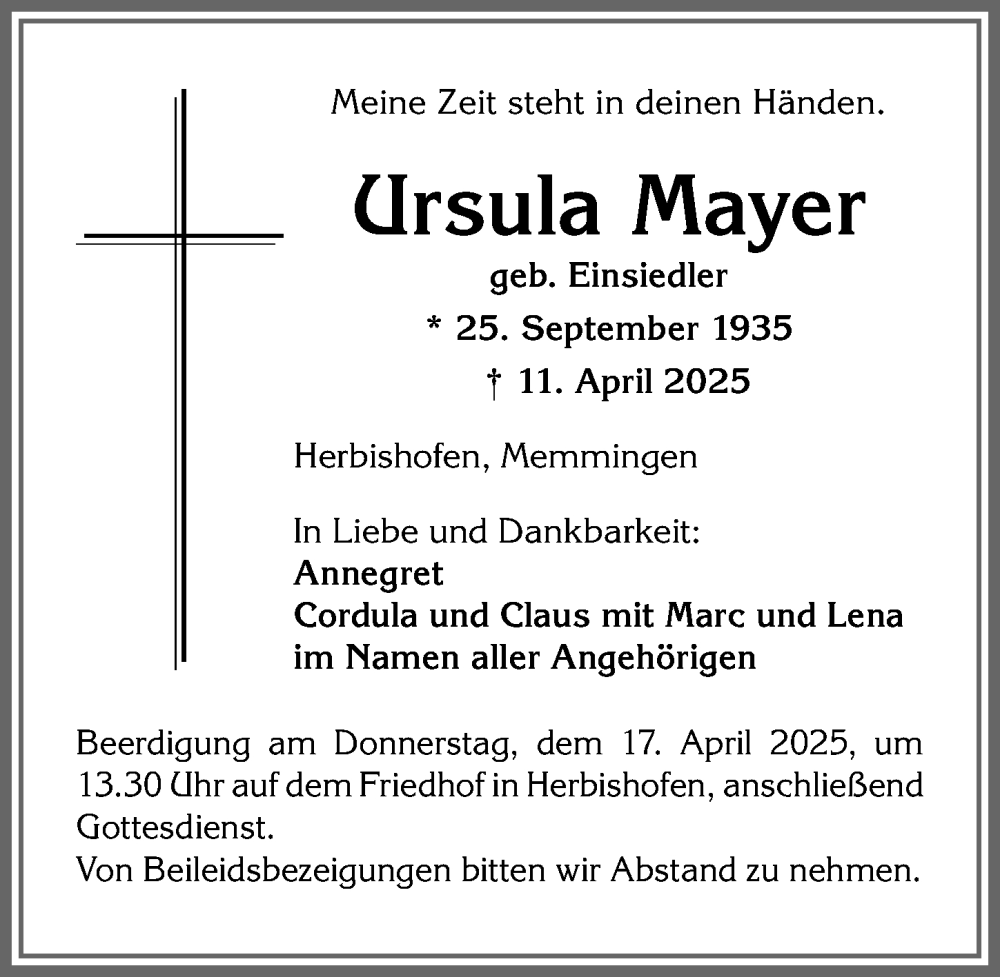 Traueranzeige von Ursula Mayer von Memminger Zeitung