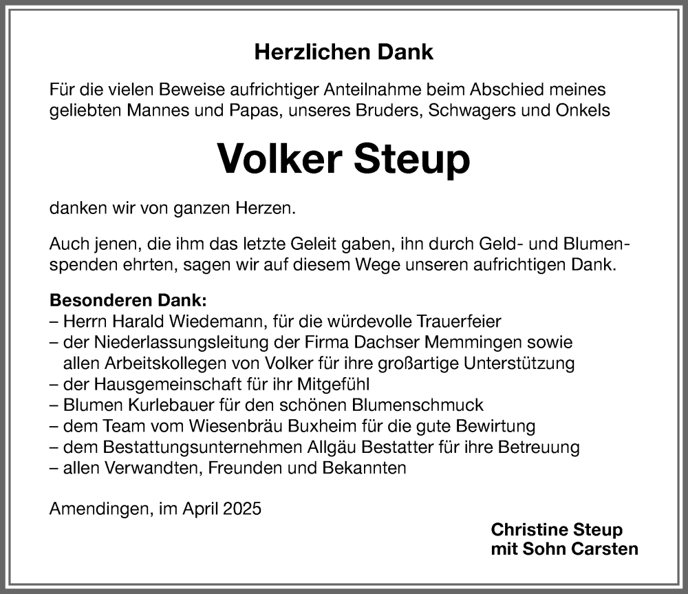 Traueranzeige von Volker Steup von Memminger Zeitung
