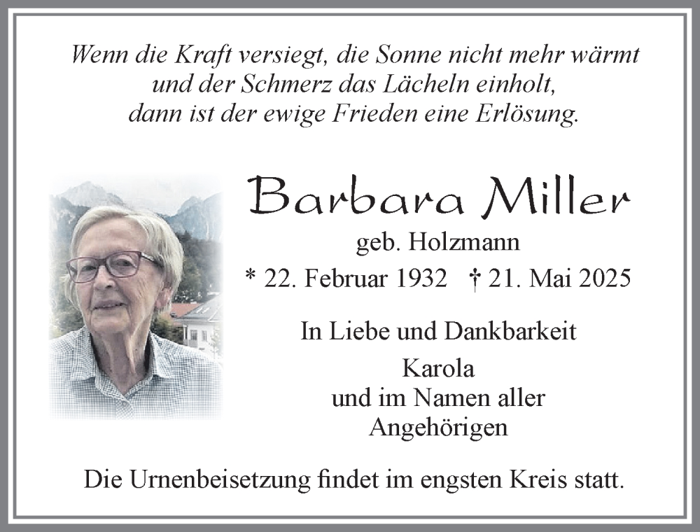 Traueranzeige von Barbara Miller von Allgäuer Zeitung, Füssen