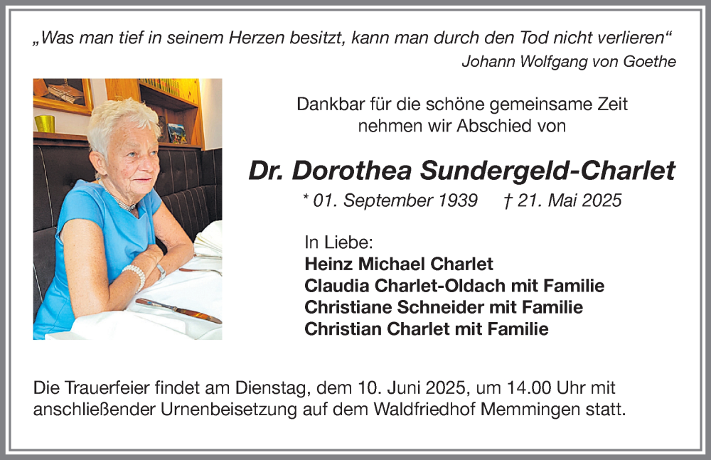 Traueranzeige von Dorothea Sundergeld-Charlet von Memminger Zeitung