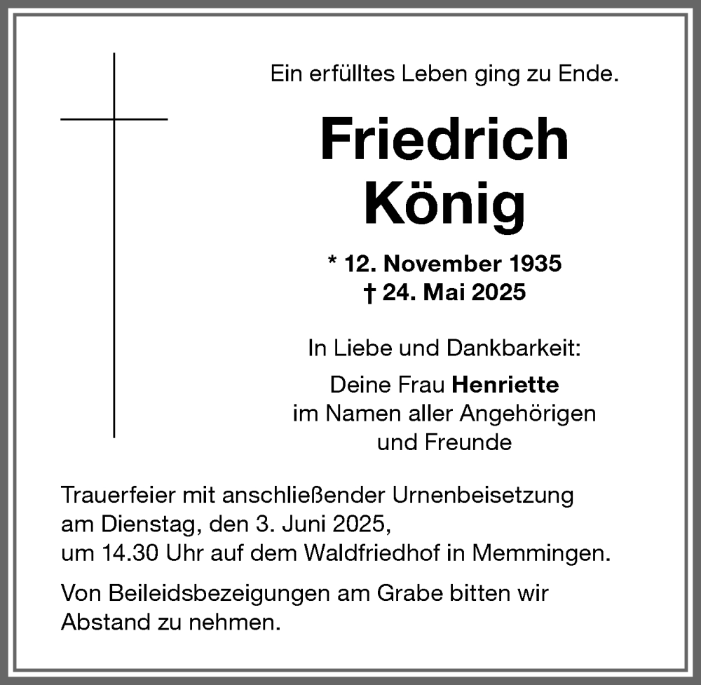 Traueranzeige von Friedrich König von Memminger Zeitung