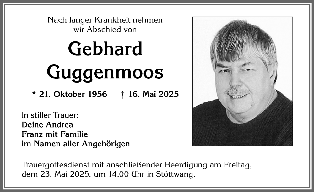 Traueranzeige von Gebhard Guggenmoos von Allgäuer Zeitung, Kaufbeuren/Buchloe