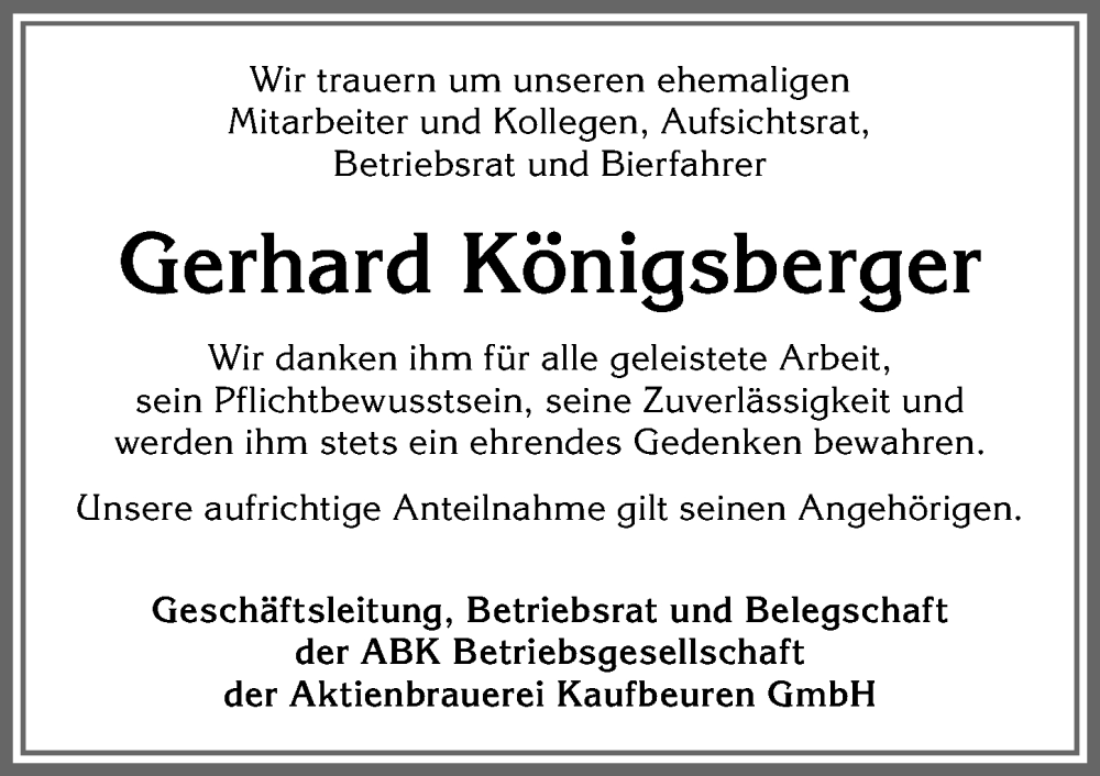 Traueranzeige von Gerhard Königsberger von Allgäuer Zeitung, Kaufbeuren/Buchloe