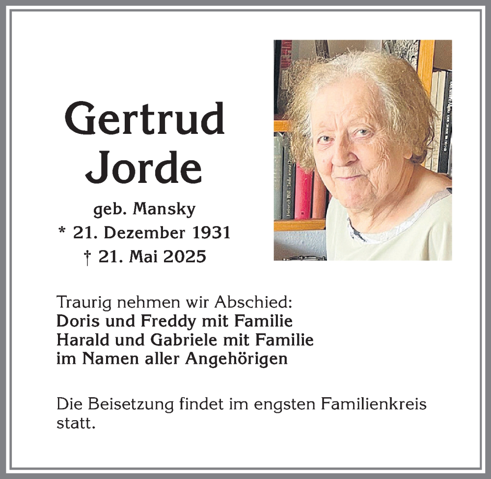 Traueranzeige von Gertrud Jorde von Allgäuer Zeitung,Kempten