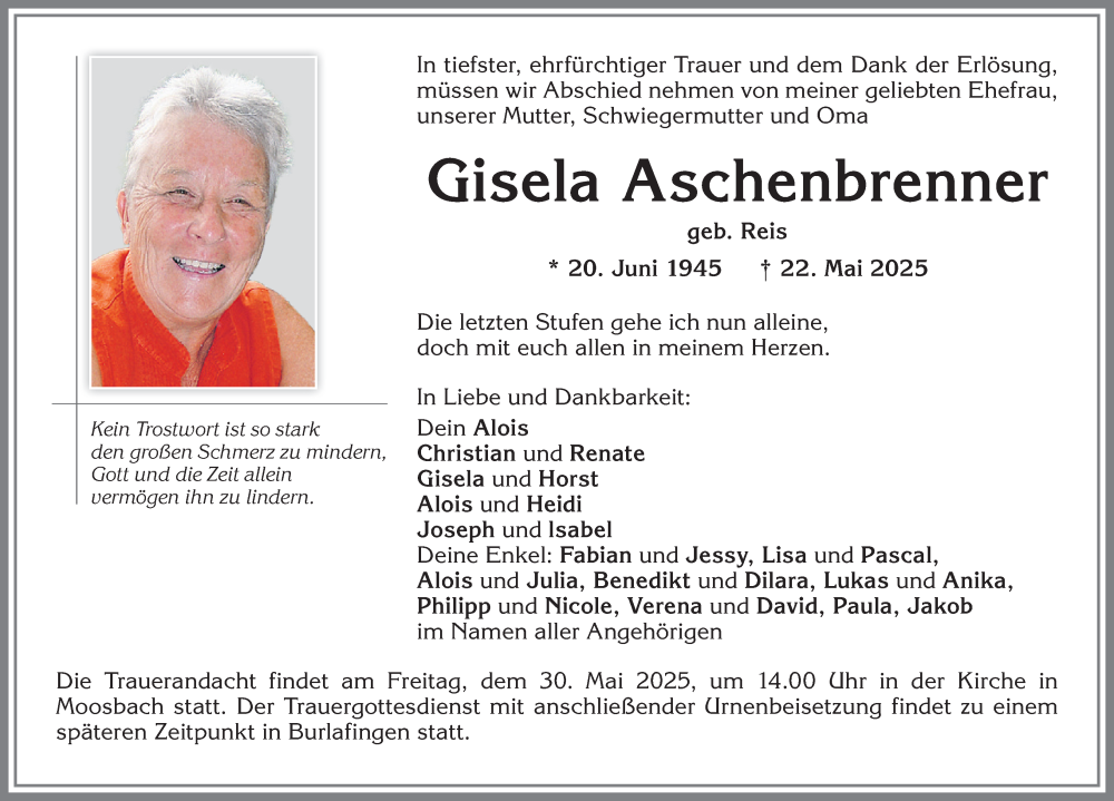 Traueranzeige von Gisela Aschenbrenner von Allgäuer Zeitung,Kempten