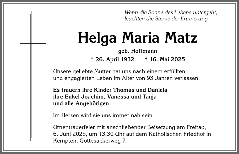 Traueranzeige von Helga Maria Matz von Allgäuer Anzeigeblatt