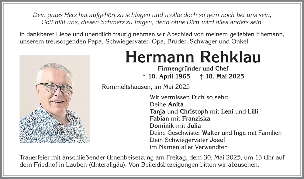 Traueranzeige von Hermann Rehklau von Memminger Zeitung