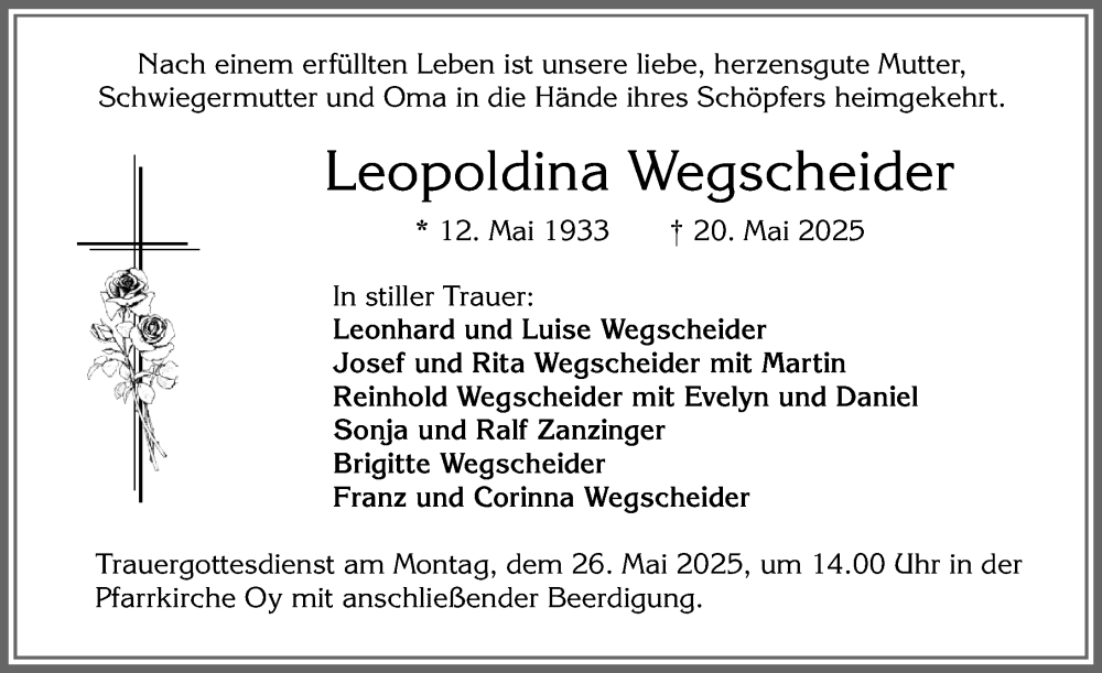 Traueranzeige von Leopoldina Wegscheider von Allgäuer Zeitung,Kempten