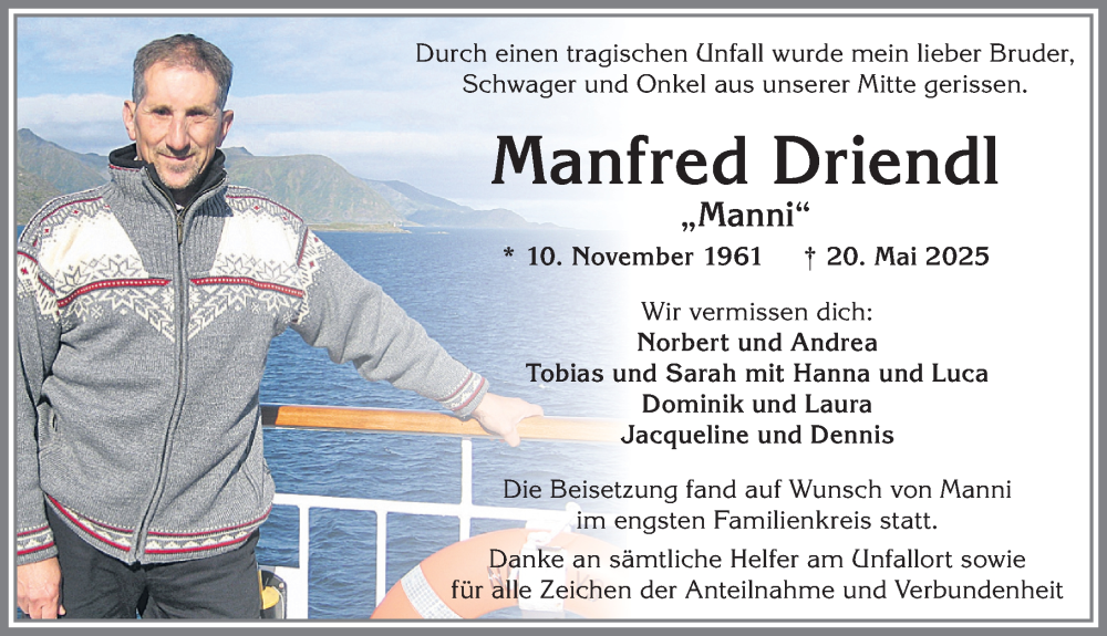 Traueranzeige von Manfred Driendl von Allgäuer Anzeigeblatt