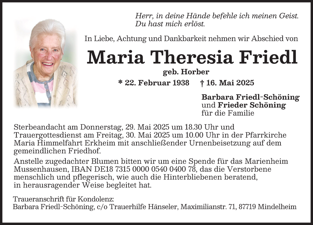 Traueranzeige von Maria Theresia Friedl von Memminger Zeitung
