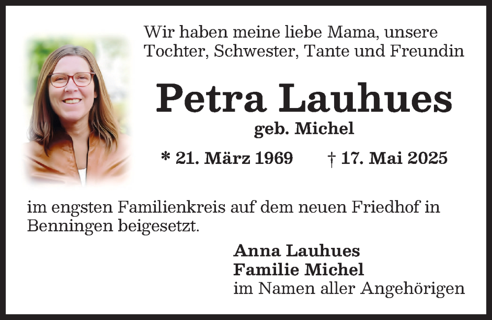 Traueranzeige von Petra Lauhues von Memminger Zeitung