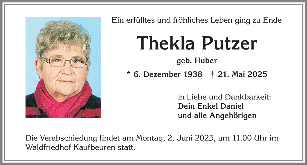 Traueranzeige von Thekla Putzer von Allgäuer Zeitung, Kaufbeuren/Buchloe