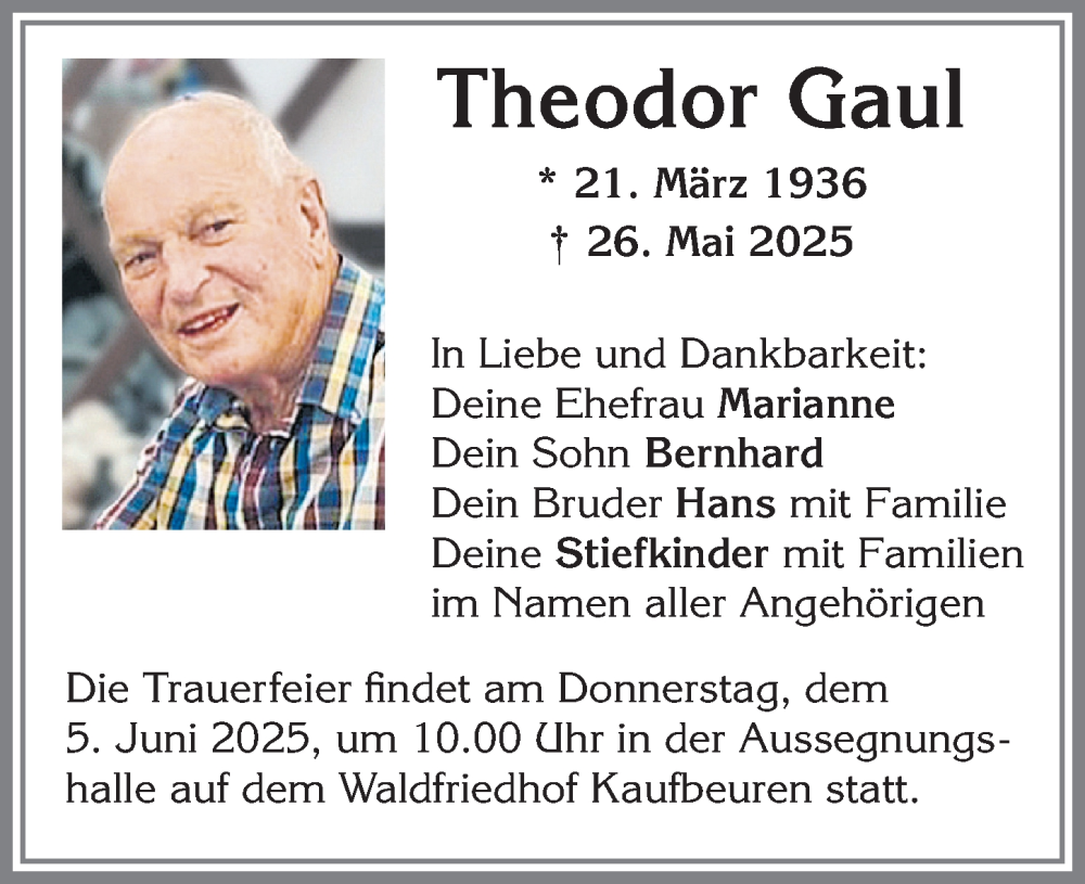 Traueranzeige von Theodor Gaul von Allgäuer Zeitung, Kaufbeuren/Buchloe