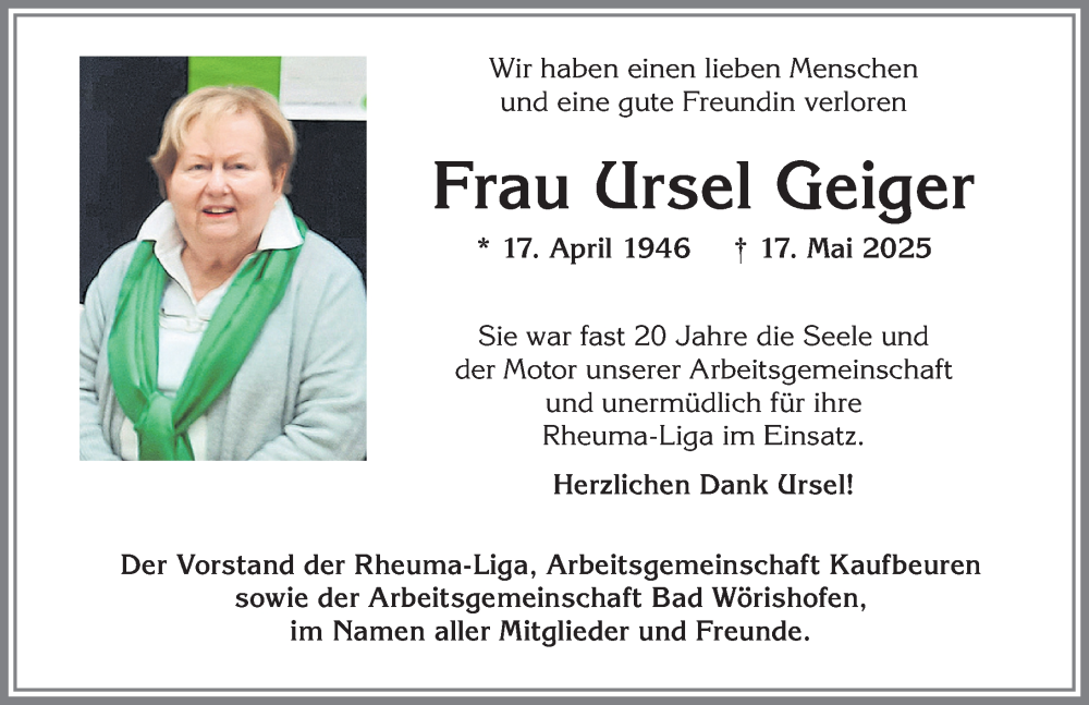 Traueranzeige von Ursel Geiger von Allgäuer Zeitung, Kaufbeuren/Buchloe