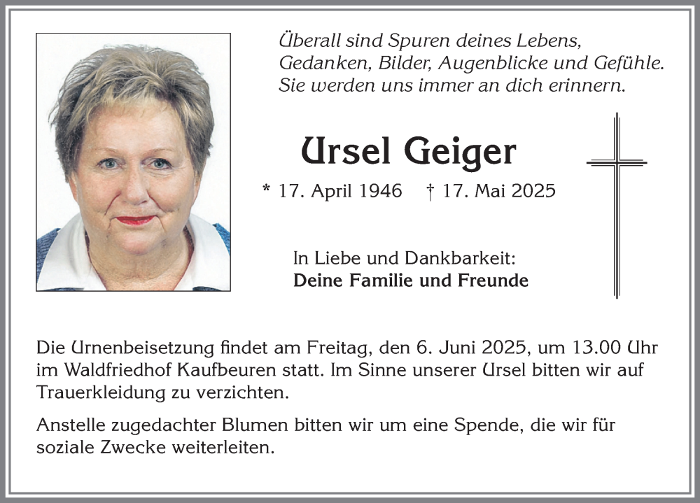 Traueranzeige von Ursel Geiger von Allgäuer Zeitung, Kaufbeuren/Buchloe